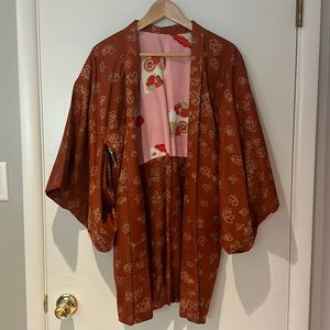 Vintage Rust Kimono w/ Bright Pink Lining For Reverse Wear